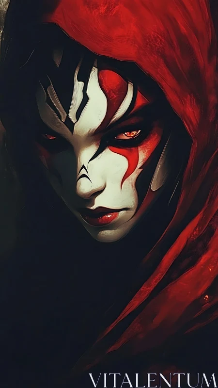 Scarlet-hooded sorceress with tribal mask and burning gaze.