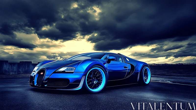Electric blue supercar waits under stormy twilight skies