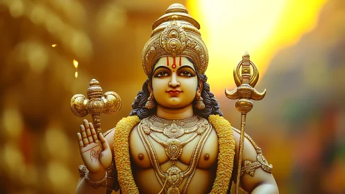 Radiant Hindu deity in golden sunrise aura of devotion.