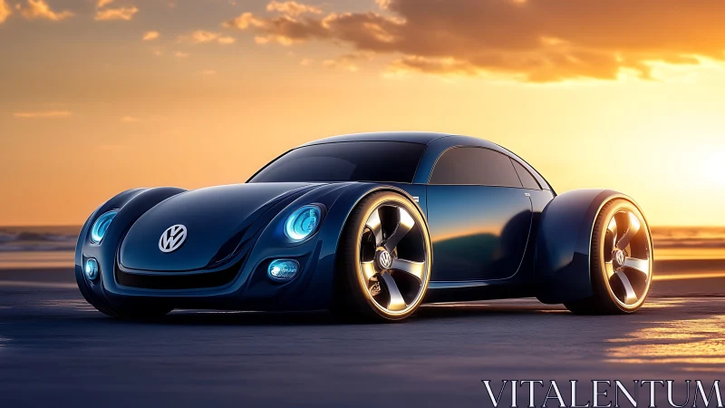Volkswagen concept coupe on coastal road at sunset.