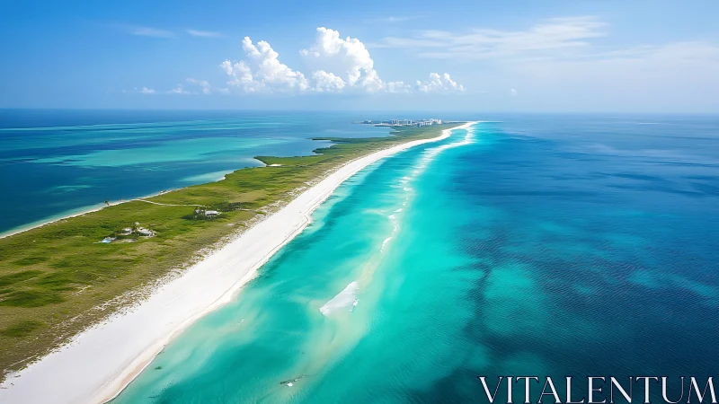 Aerial View of Narrow Barrier Island with Turquoise Gradient Waters.