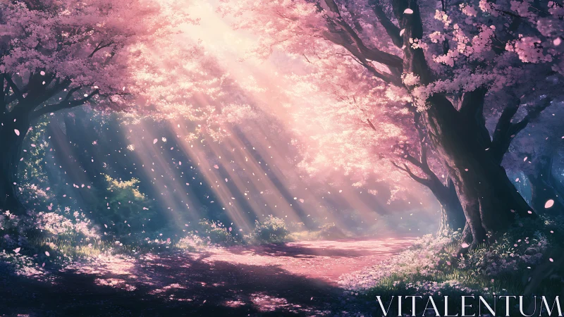 Sunlit cherry blossom forest path with drifting petals at dawn