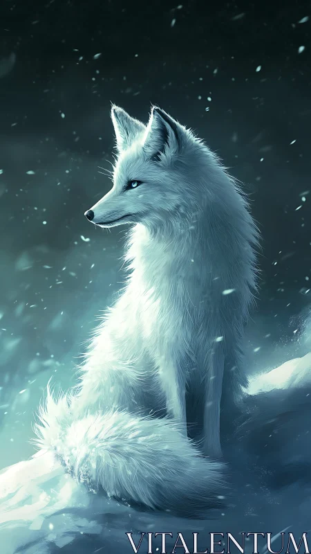 Blue-lit arctic fox rendered with high-detail fur simulation and snow