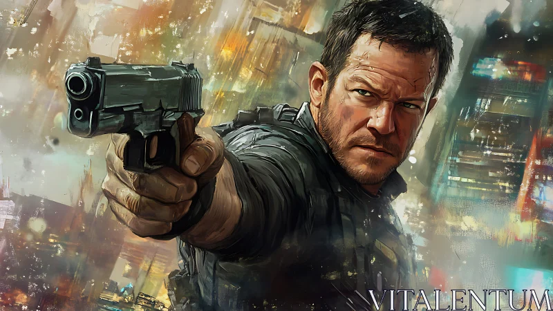 Battle-hardened operative aims pistol in neon-slick cityscape.