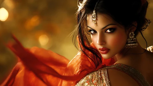 Ember-eyed woman wrapped in molten gold and silk gaze.