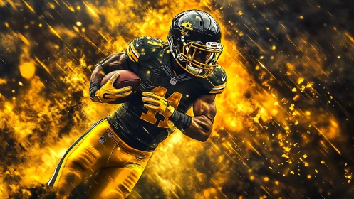 Dynamic American football runner amid explosive golden motion trails