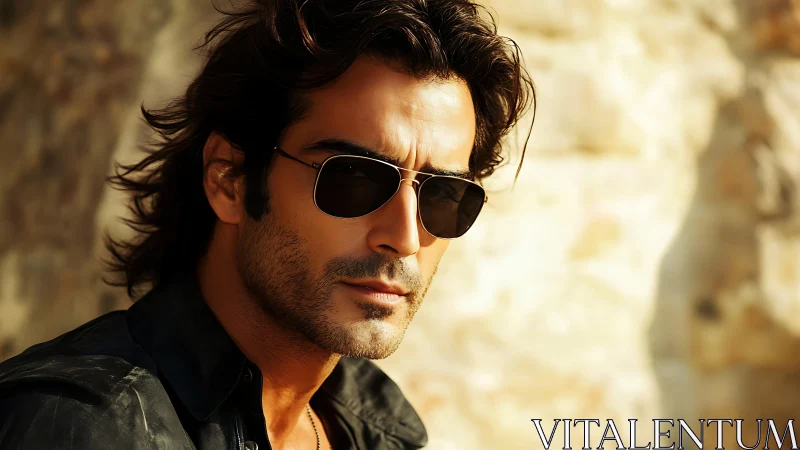 Sunlit portrait of confident man in sunglasses exuding allure