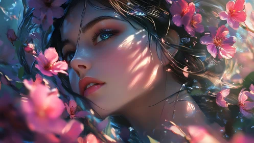 Female face rendered in close-up among vivid pink blossoms