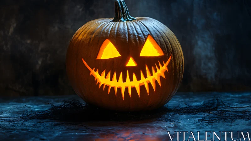 Candlelit jack o lantern with serrated grin on moody stone