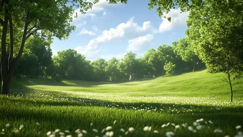 Sunlit meadow quietly hums beneath a chorus of soft clouds