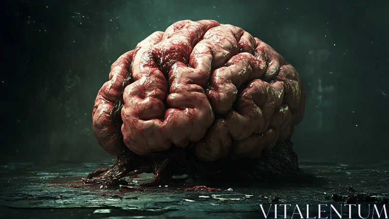 Mutated brain mass rests on organic roots in dark space