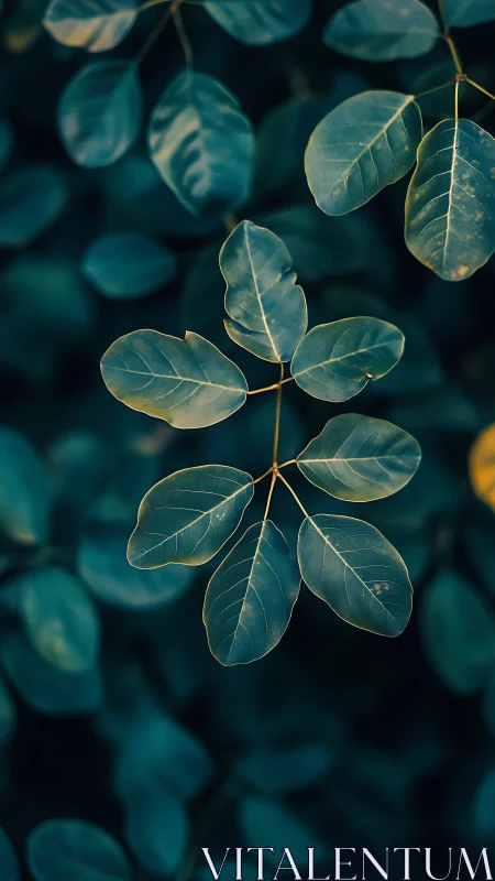 Moody photographic macro of teal-gold foliage cluster study.