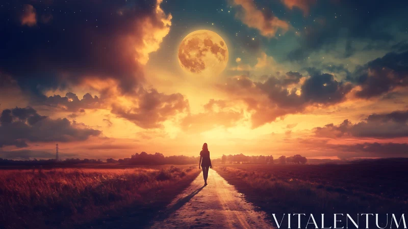 Silhouetted traveler walks toward oversized moon at sunset