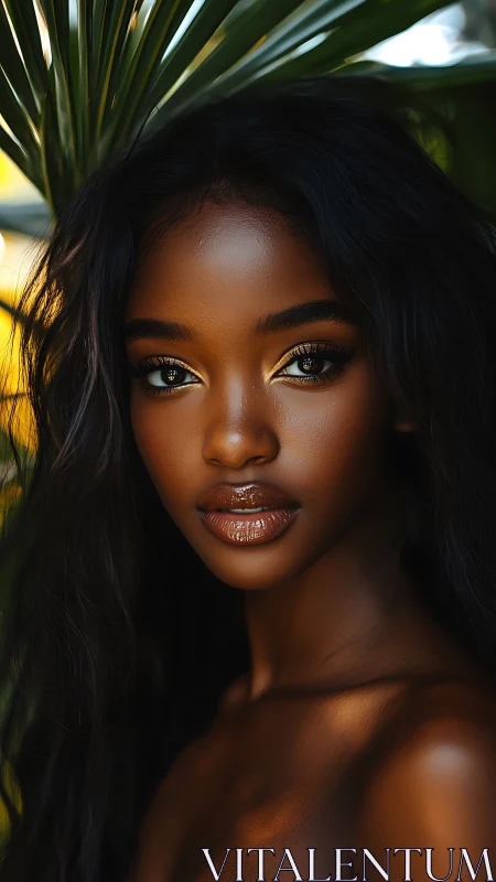 Photorealistic tropical portrait with luminous bronze styling.