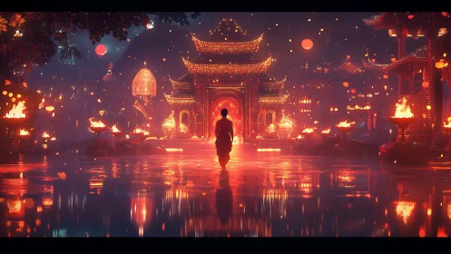 Solitary figure walks toward illuminated temple complex