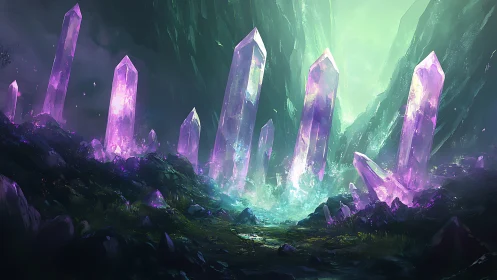Luminescent amethyst monolith field in misted ravine vista.