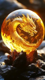 Golden dragon encircled in radiant crystal energy sphere.