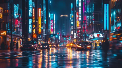 Nocturnal neon-lit avenue with wet reflective asphalt and dense traffic