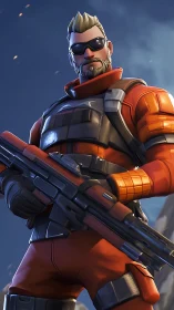 Armored soldier holds scoped rifle in stylized game render