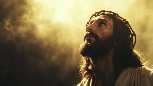 Male figure with thorn crown looks upward into directional light