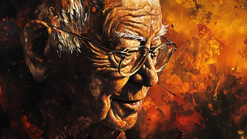Elderly man portrait rendered in vivid orange digital paint.