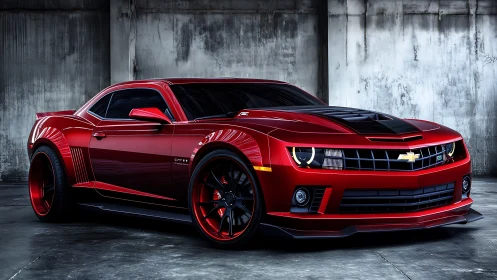 Red modified Chevrolet Camaro coupe parked in industrial garage