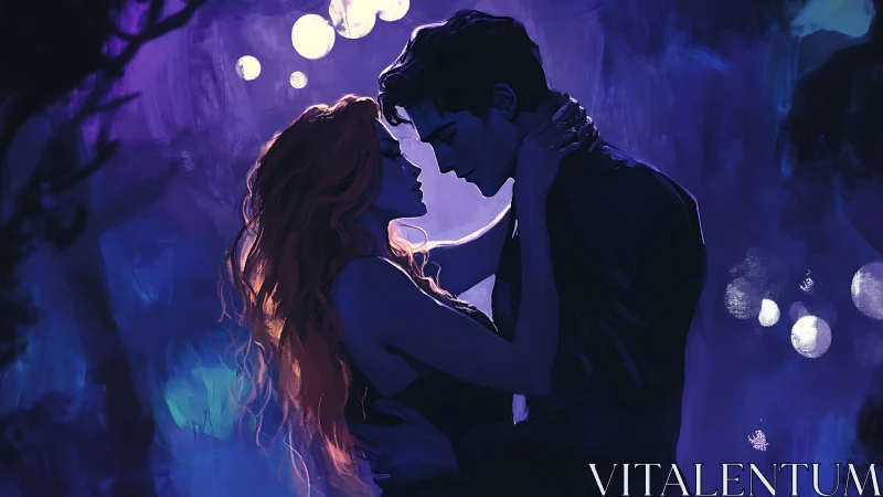 Nocturnal Romance: Silhouetted Couple Embraced Under Luminous Moonlit Sphere