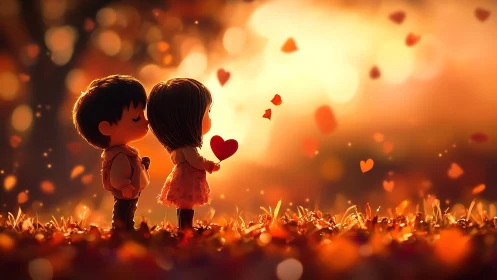 Children Silhouettes Embrace Hearts Floating Golden Ambient Light