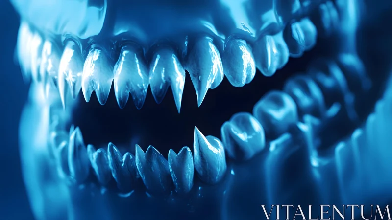 Close-up of Sharp Monster Teeth in Blue Light, Digital Art.