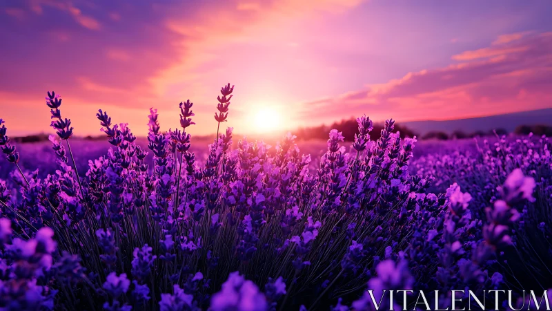 Lavender field glows under vivid magenta sunset sky.