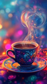 Ornate tea cup glows in dreamy neon bokeh ambiance.