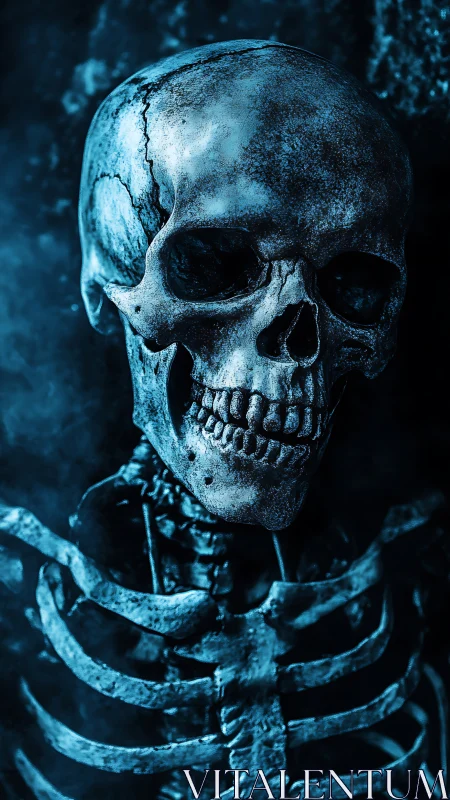Eerie blue skeleton stands in shadowy, atmospheric darkness