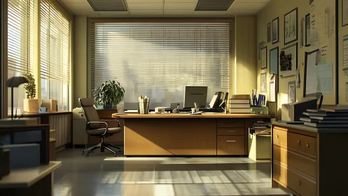 Sunlit executive office interior shows ordered workspace