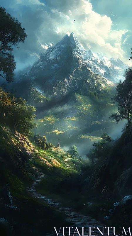 Glacial peak over sunlit valley with winding forest path