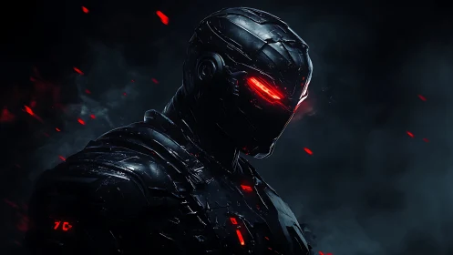 Armored cybernetic sentry with emissive red optics in dark haze