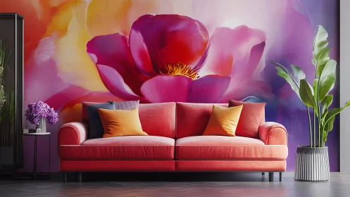 Bold floral wall mural behind modern coral velvet sofa.