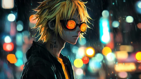 Profile view shows figure in rain with neon reflections