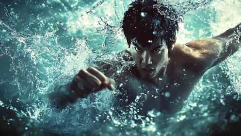 Dynamic aquatic fighter portrait in cinematic photoreal style.