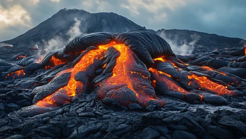 Volcanic lava surge with glowing basaltic crust forms rivers.