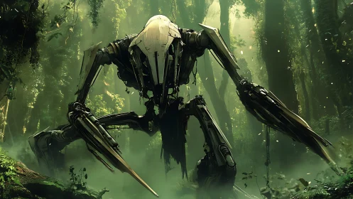 Giant combat mecha stalking through dense jungle forest.