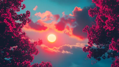 Dreamy pink treetops framing a glowing sunset sky.