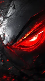 Volcanic cyber-visor eye within fractured black armor plate.