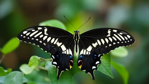 Black swallowtail butterfly on foliage, high-contrast wings.