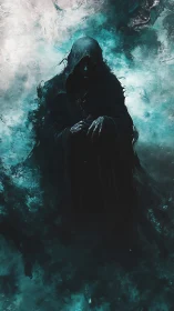 Shrouded wanderer in swirling teal mist of quiet mystery.