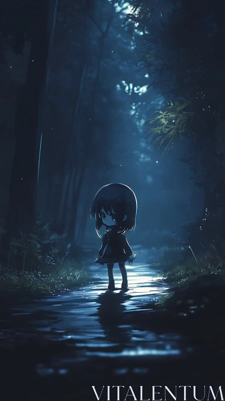 Moonlit chibi girl wandering alone through misty forest path.