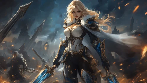 Armored blonde warrior commands blazing ruined battlefield.