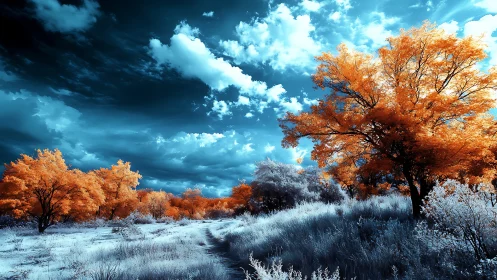 Infrared-rendered woodland path under dense cloud cover.