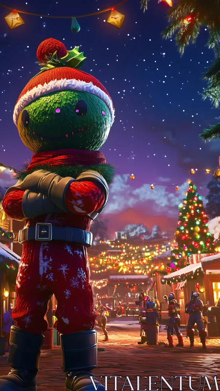 Holiday armored mascot dominates illuminated winter market scene