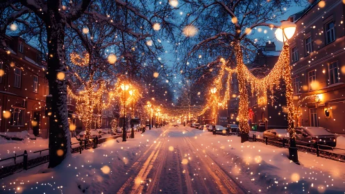 Snowy city street glows with cozy golden holiday lights tonight
