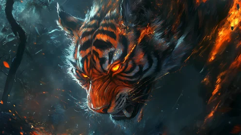 Flaming tiger portrait in dynamic cinematic digital painting.